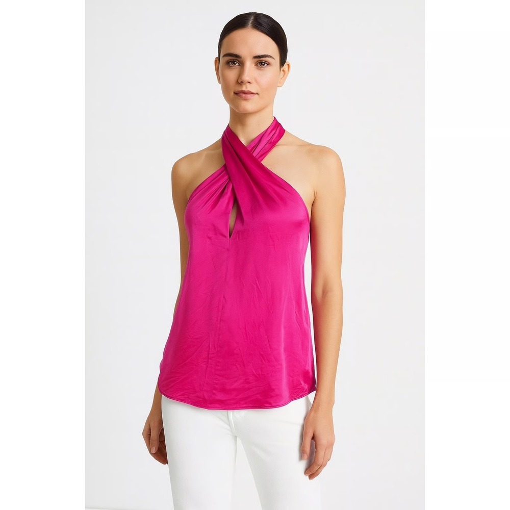 A.L.C. Miranda Pink Satin Halter Top Crisscross Keyhole Neckline Sz 0 NEW‎